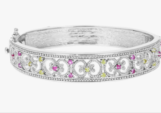 0.65 cttw Pink and Yellow Sapphire Bangle Bracelet Brass with Rhodium Filigree