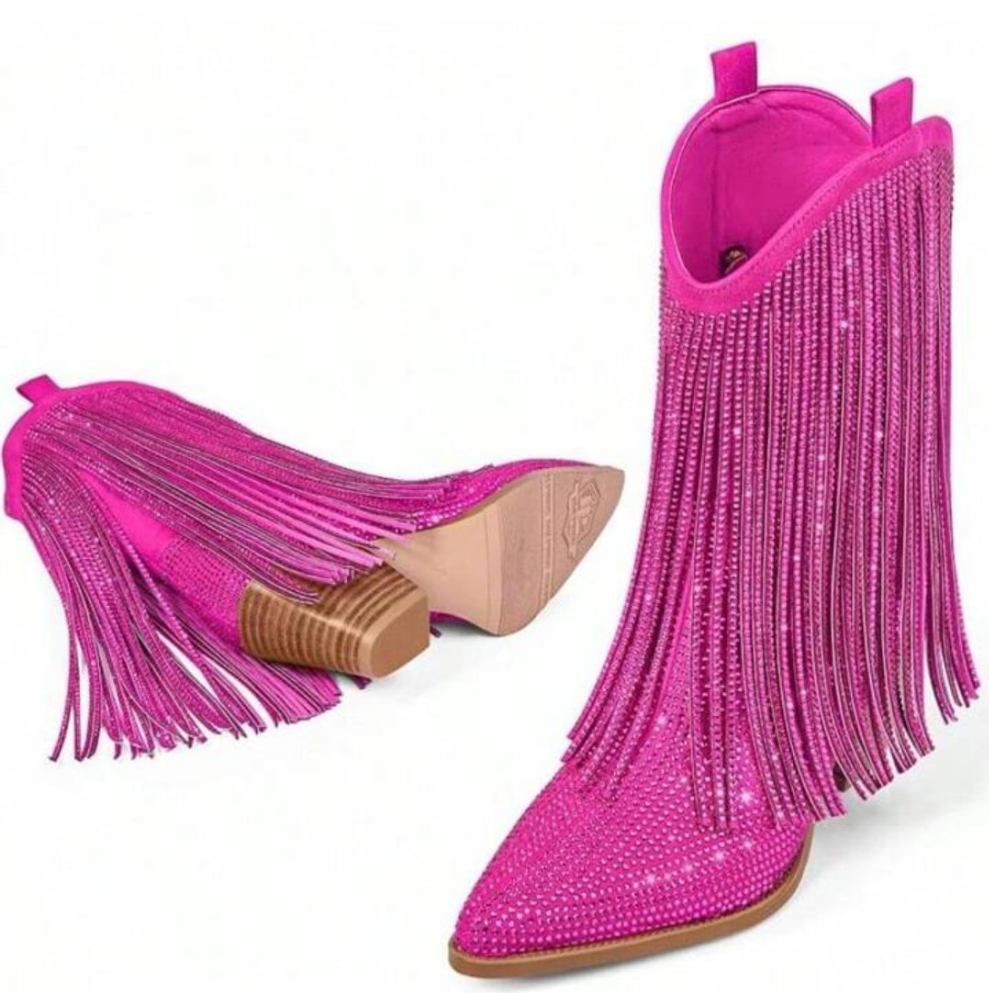 Cowgirl Rhinestone Boots With Sparkly Fringe Pointed Toe Western Ankle Boots & Booties Chunky Heel Pull-On
