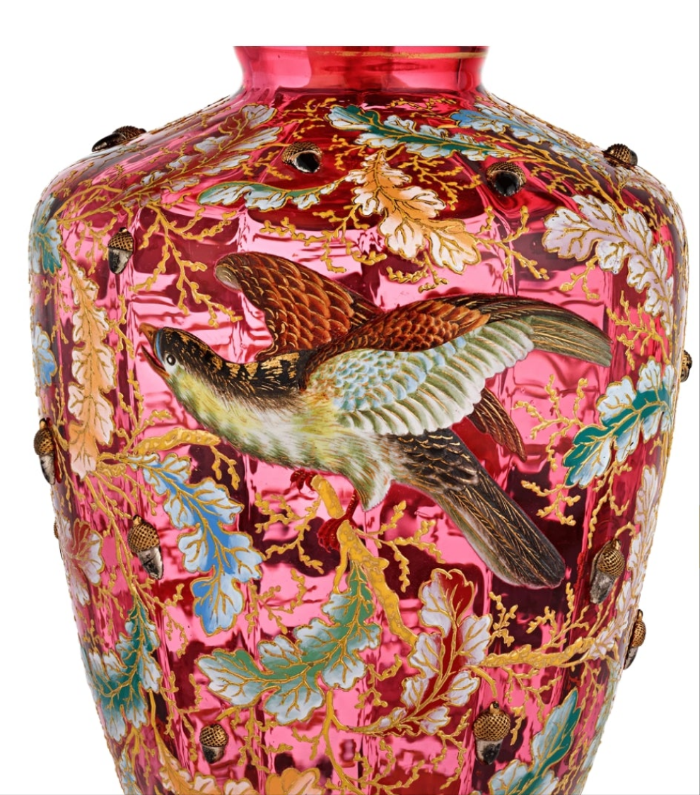 Fabulous Moser Ruby Glass and Enamel Bird Ewer