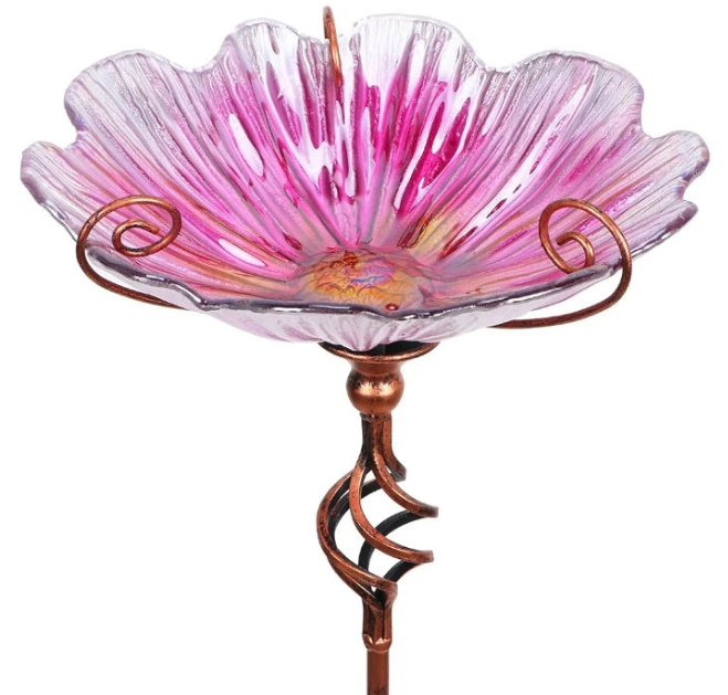 31 Inch Height Glass Birdbath Birdfeeder with Metal Stake Garden Yard Outdoor