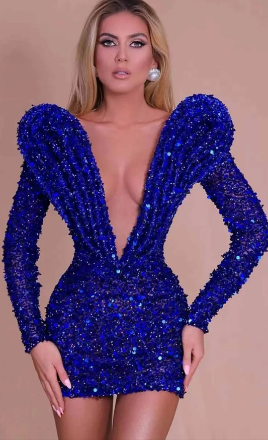 Bodycon Mesh Deep V Neck Sequin Mini Dress-Blue COCOMONEY