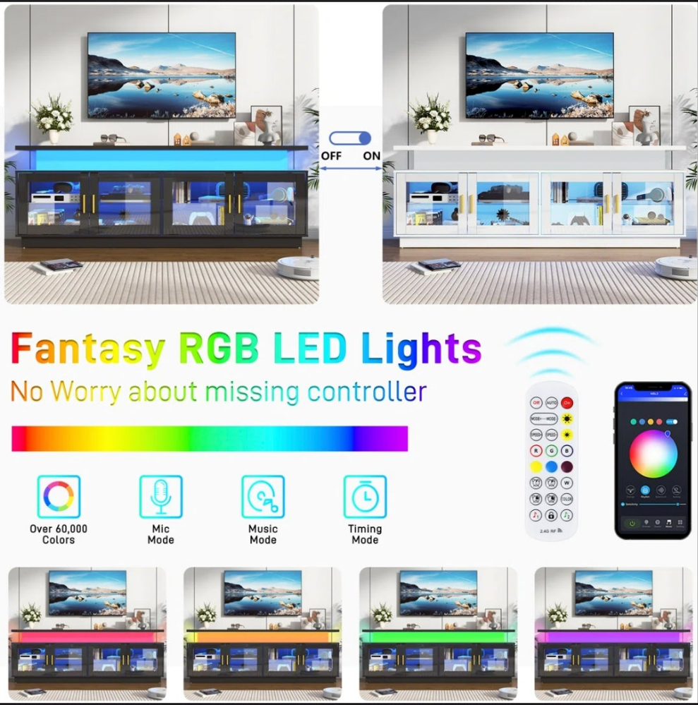 High Gloss TV Stand with Power Outlet and LED Light for TVs up to 80"
