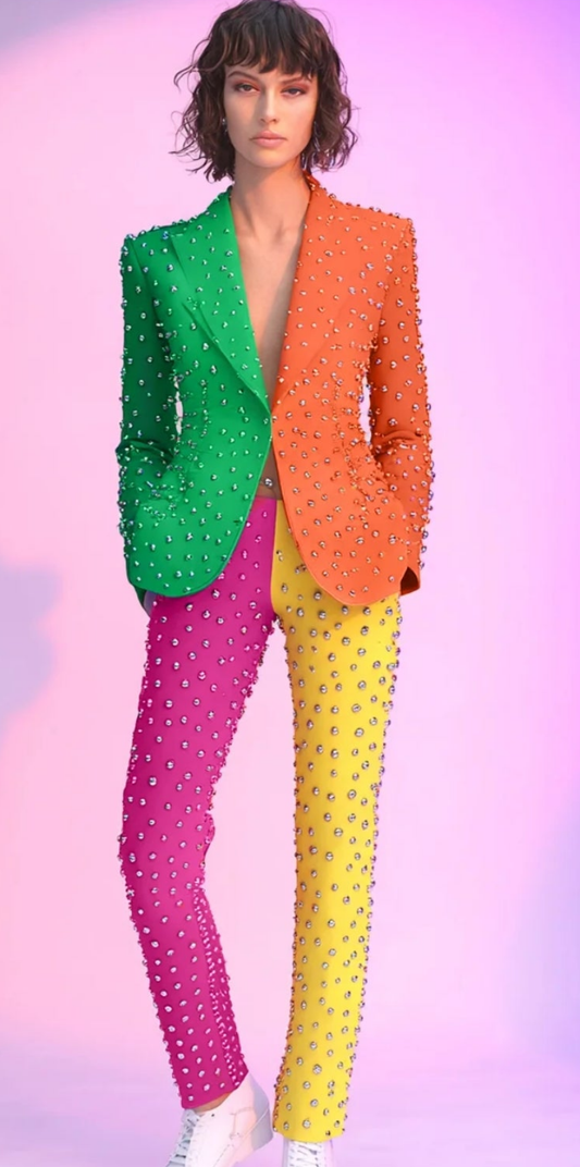 COCOMONEY Studded Multicolor Print Two Piece Pant Suit-Multicolor