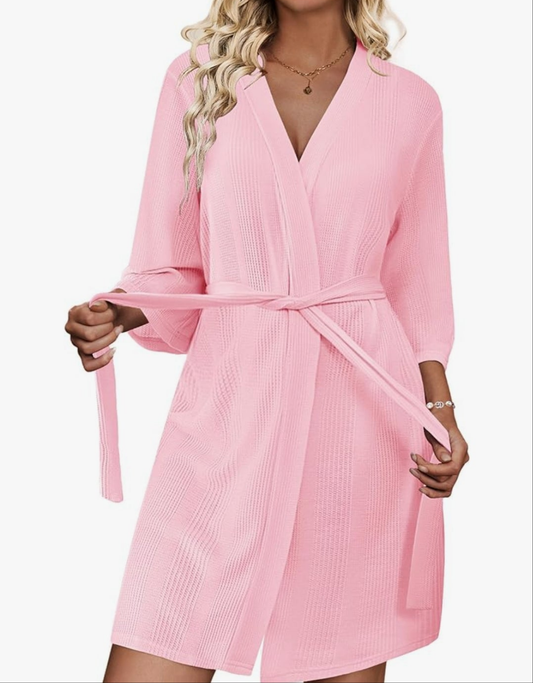 Waffle Robes for Women Lightweight Knit V Neck 3/4 Sleeve Kimono Bathrobe with Pockets Soft Sexy Spa Loungewear