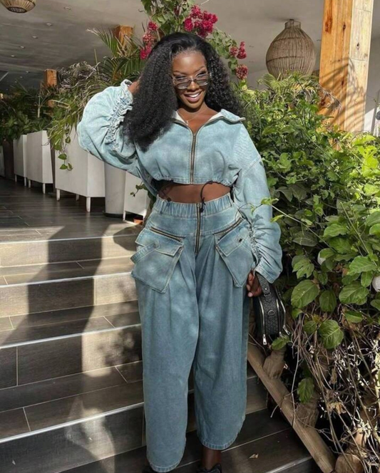Wide Leg Loose Heavy Industry Denim Two-Piece Suit Women's Clothing