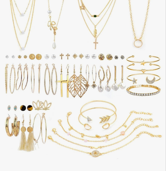 38 PCS Gold Jewelry Set with 4 PCS Necklace,10 PCS Bracelet,24 PCS Layered Ball Dangle Hoop Stud Earrings for Women Jewelry Fashion and Valentine Birthday Party Gift