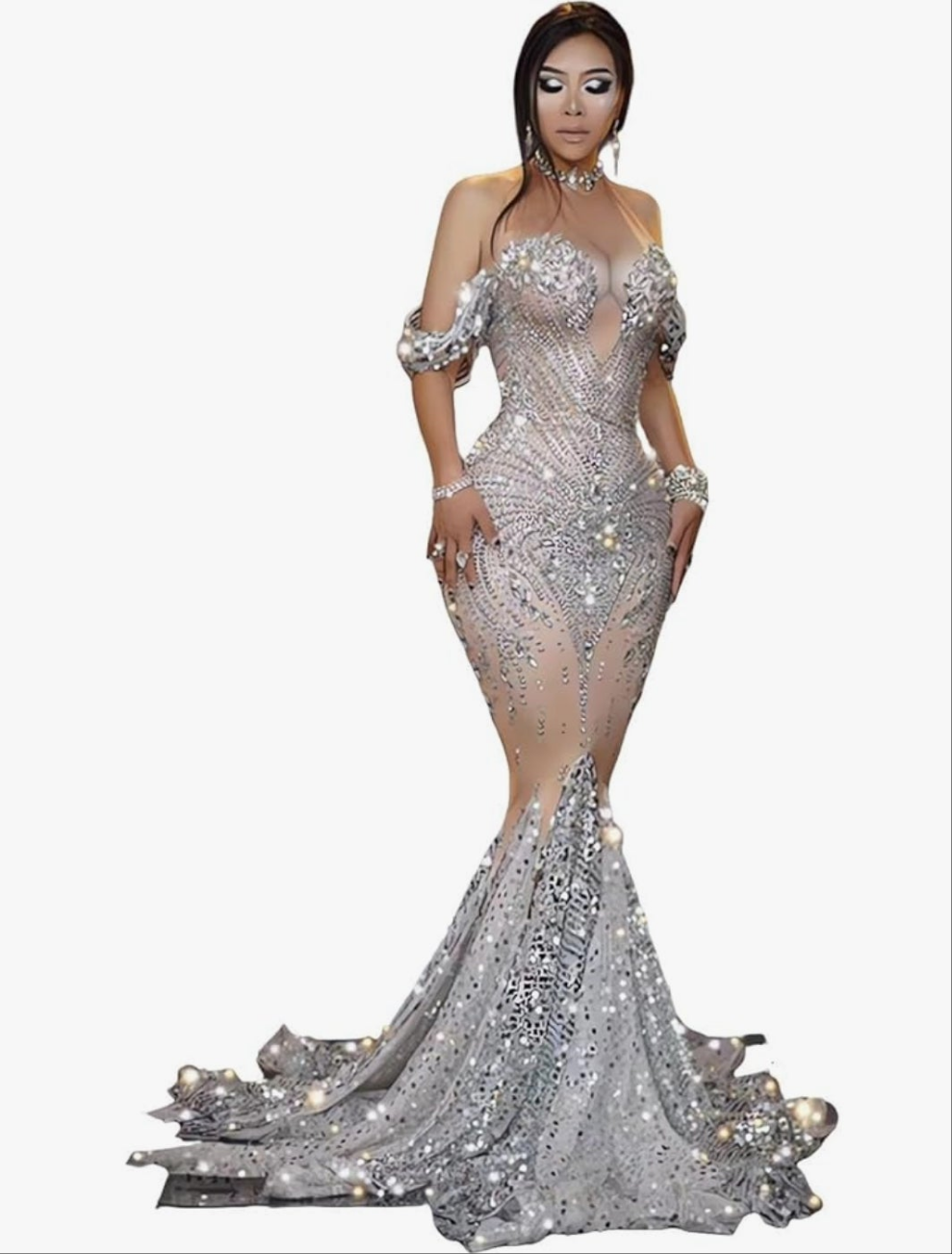 Women Off The Shoulder Mermaid Dress Rhinestone