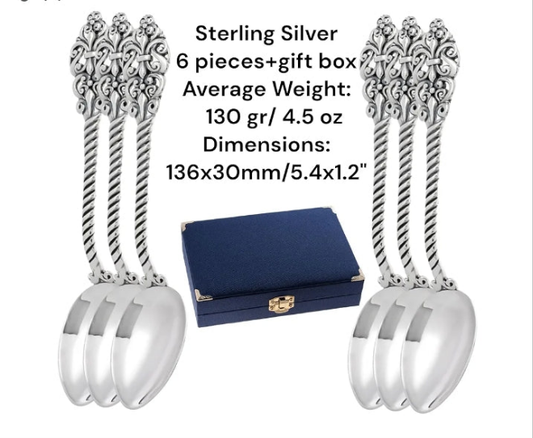 Sterling Silver Tea Spoon with Royal Pattern Handle - Elegant Collectible Flatware, Luxury Decorative Silverware for Tea & Gifts - Memorable Gift Set Jewelry Utensils, 130 gr (6)
