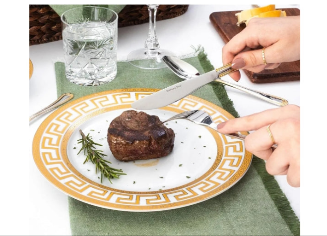 24K Euro Porcelain 20-pc Dinnerware Set w/ Gold Greek Key Pattern 24K Ornament, HQ Dining Service for 4