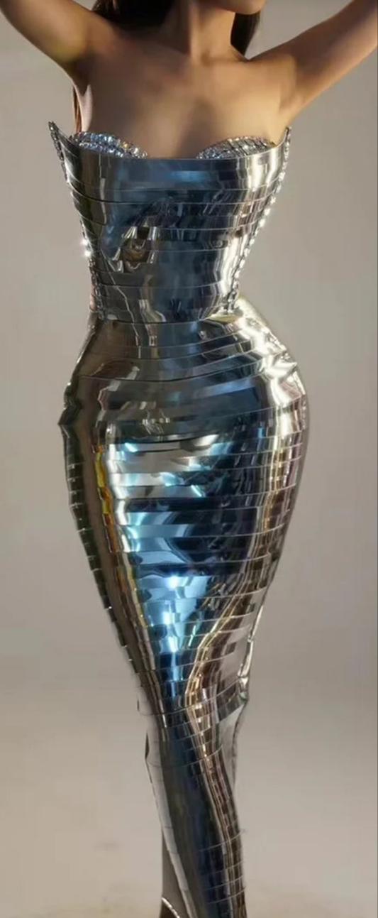 Mirror Sequin Rhinestone Tube Maxi Dress-Silver COCOMONEY