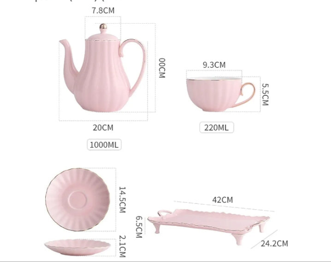 Ceramic Tea Sets, China Coffee Set ，Tea Set, 8 Pieces Porcelain Tea Sets White Ceramic Tea Service for Adults 1 Teapot Set of 6 Coffee Cups with Tray and Teaspoons (Pink) (Color :
