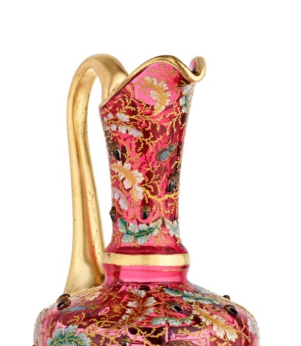 Fabulous Moser Ruby Glass and Enamel Bird Ewer