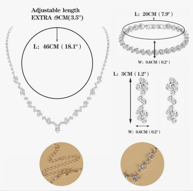 Crystal Wedding Jewelry Set, Silver Necklace Earrings Bracelet Crystal Bridal Wedding Jewelry Sets for Brides Bridesmaid Prom Costume Accessories
