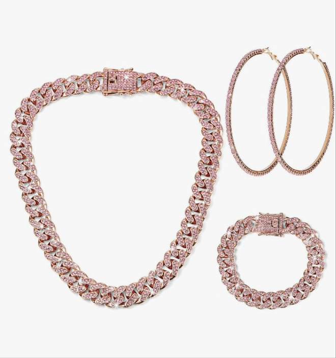 Cuban Link Chain Necklace Bracelet Rhinestone Earrings Bling Necklace Bracelet Crystal Big Circle Earring for Women