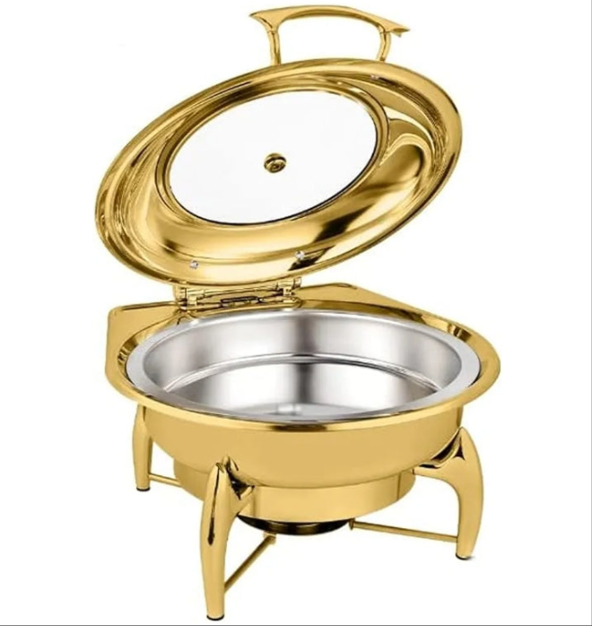 Gold plated Stainless Steel Chafing Dish, Gold-Plated Round Buffet Stove, Commercial Hotel Restaurant Heating Furnace, Hydraulic Transparent Cover Buffet Stove