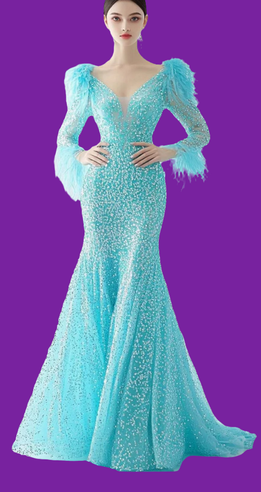 Rhinestone Feather Long Sleeve Fishtail Maxi Dress-Blue [Custom-Made] COCOMONEY