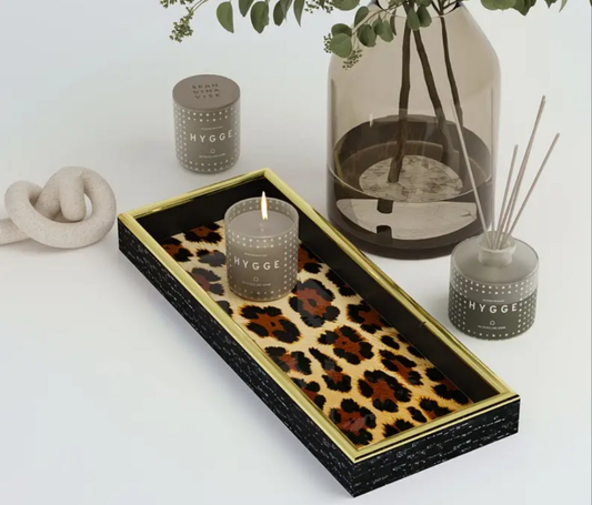 Leopard Print Glass Tray with Golden Metal Frame - Nordic Style, Dual-Purpose Decorative and Storage Organizer for Home and Bathroom, Classic Animal Theme, No Electricity Needed, Bathroom Decor|Classic Style|Glossy Finish, Bathroom Decor