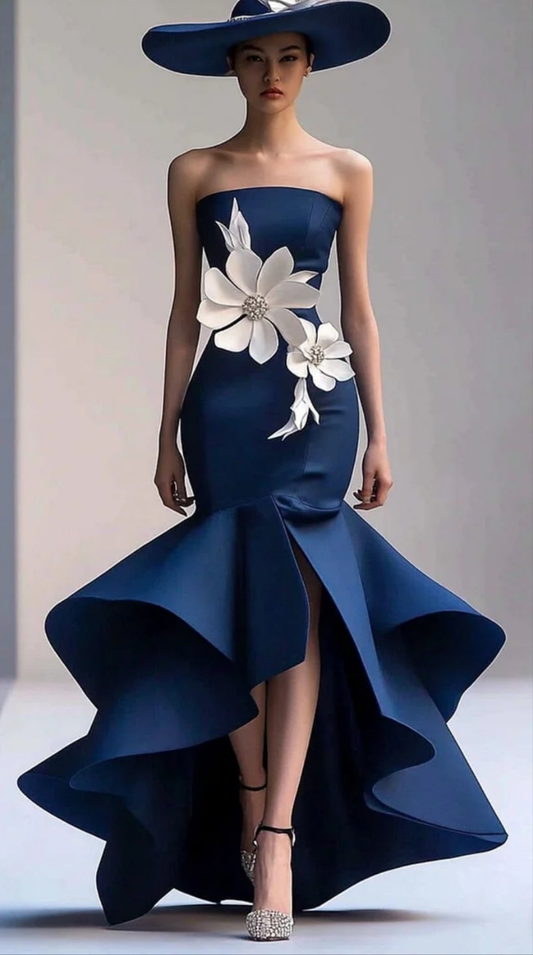 3D Floral Rhinestone Strapless Layered Maxi Dress-Navy Blue [Custom-Made] COCOMONEY