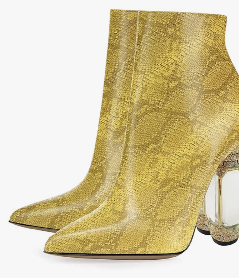 Pointed Toe Crystal Chunky Block High Heel Ankle Boots Glossy Side Zipper