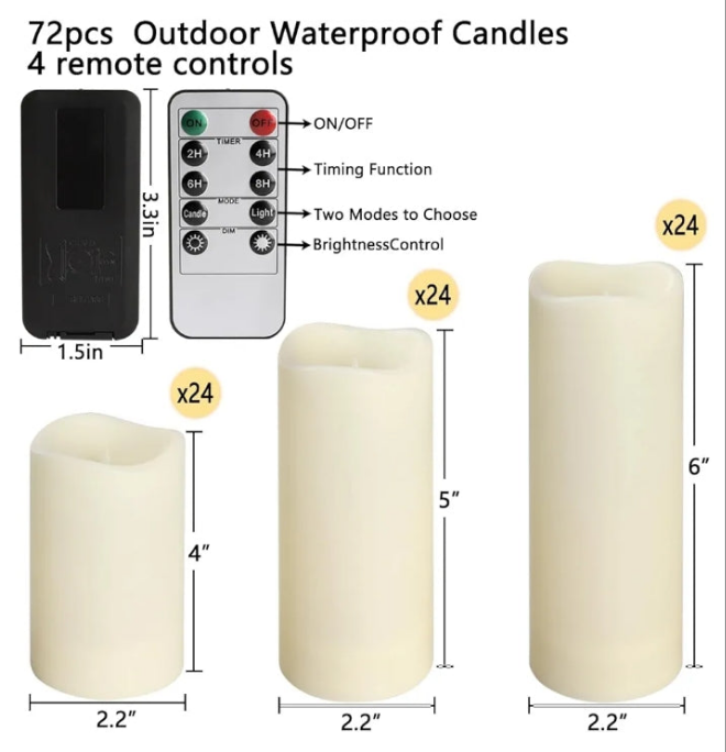 Set of 72 Waterproof Outdoor Flameless Candles, LED Candles with 4 Remote and Timer,(H 4" 5" 6" x D 2.2"),for Wedding Festive or whenever event