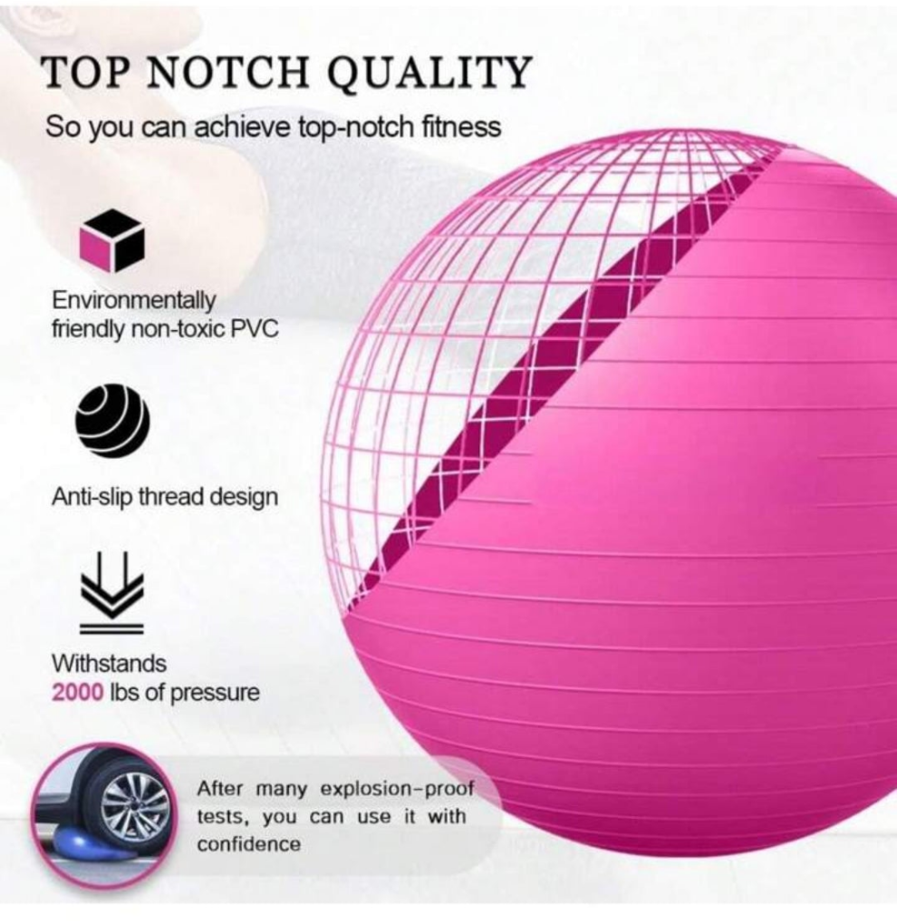 -65cm Premium Anti-Burst Yoga Ball - Improve Core Strength, Postnatal Rehabilitation And Fitness Training. Thick, Durable, Anti-Burst Design For Safe Workout (Pump Included)