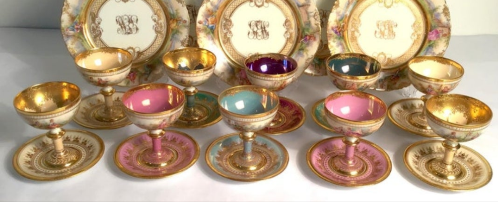 Dresden Ambrosius Lamm Footed Cups and Dessert Plates Set for 10 Hand Painted