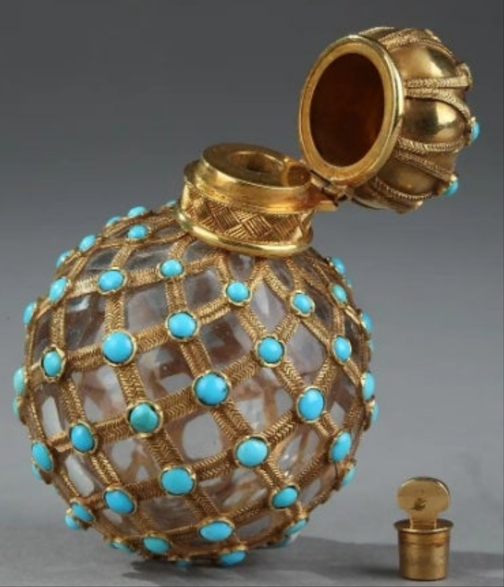 Gold, Crystal and Turquoise Perfume Flask Restauration Period 18k Gold