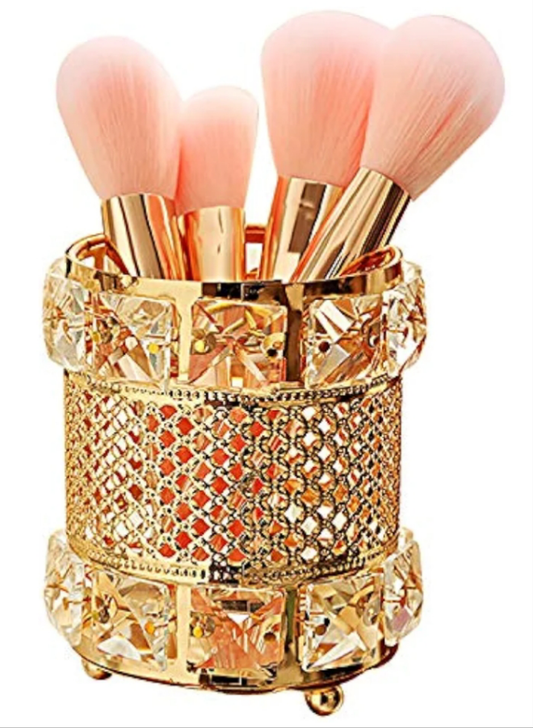 Makeup Brush Holder Organizer,Handcrafted Vintage Cosmetics Brushes Eyebrow Pencil Pen Cup Collection, Crystal Flower Vase Desk Dresser Decoration and Storage,4.7 x 4 Inch