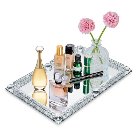 Mirror Crystal Perfume Tray,Crushed Diamond Filled Crystal Glass Tray,Cosmetic Makeup Vanity Tray,Jewelry Trinket Tray,Serving Tray for Home Decorative,Party,Hotel Banquet