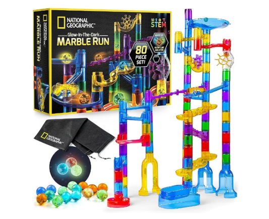 NATIONAL GEOGRAPHIC Glowing Marble Run – Construction Set with 15 Glow in The Dark Glass Marbles & Storage Bag, STEM Gifts for Boys and Girls, Building Project Toy