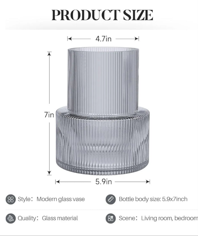 Large Glass Vase Ribbed Vase for Flowers, Flower Vase for Living Room, Modern Grey Fluted Vase for Centerpieces, Dinning Table, Entry Office Decoration