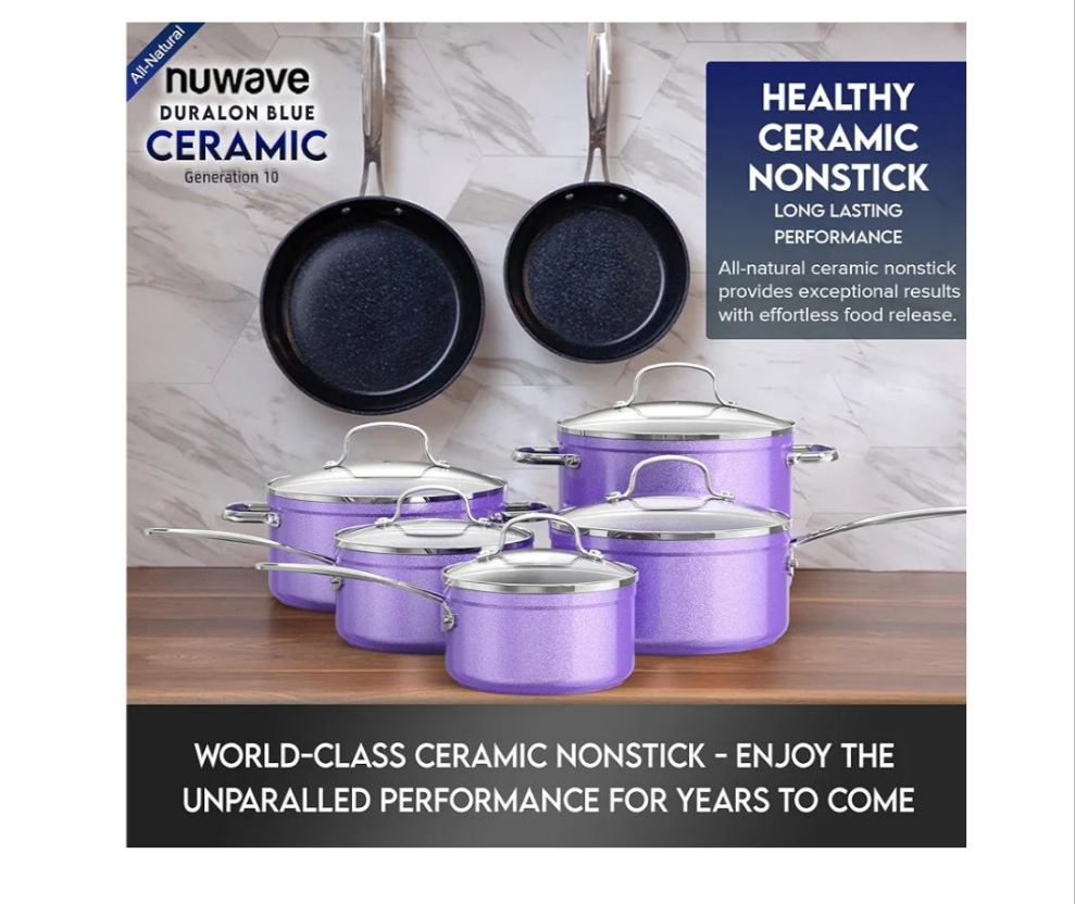 Ceramic Nonstick Cookware Set, Diamond Infused Scratch-Resistant, PFAS Free, Dishwasher & Oven Safe, Induction Ready & Evenly Heats, Tempered Glass Lids & Stay-Cool Handles