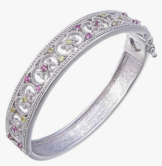 0.65 cttw Pink and Yellow Sapphire Bangle Bracelet Brass with Rhodium Filigree