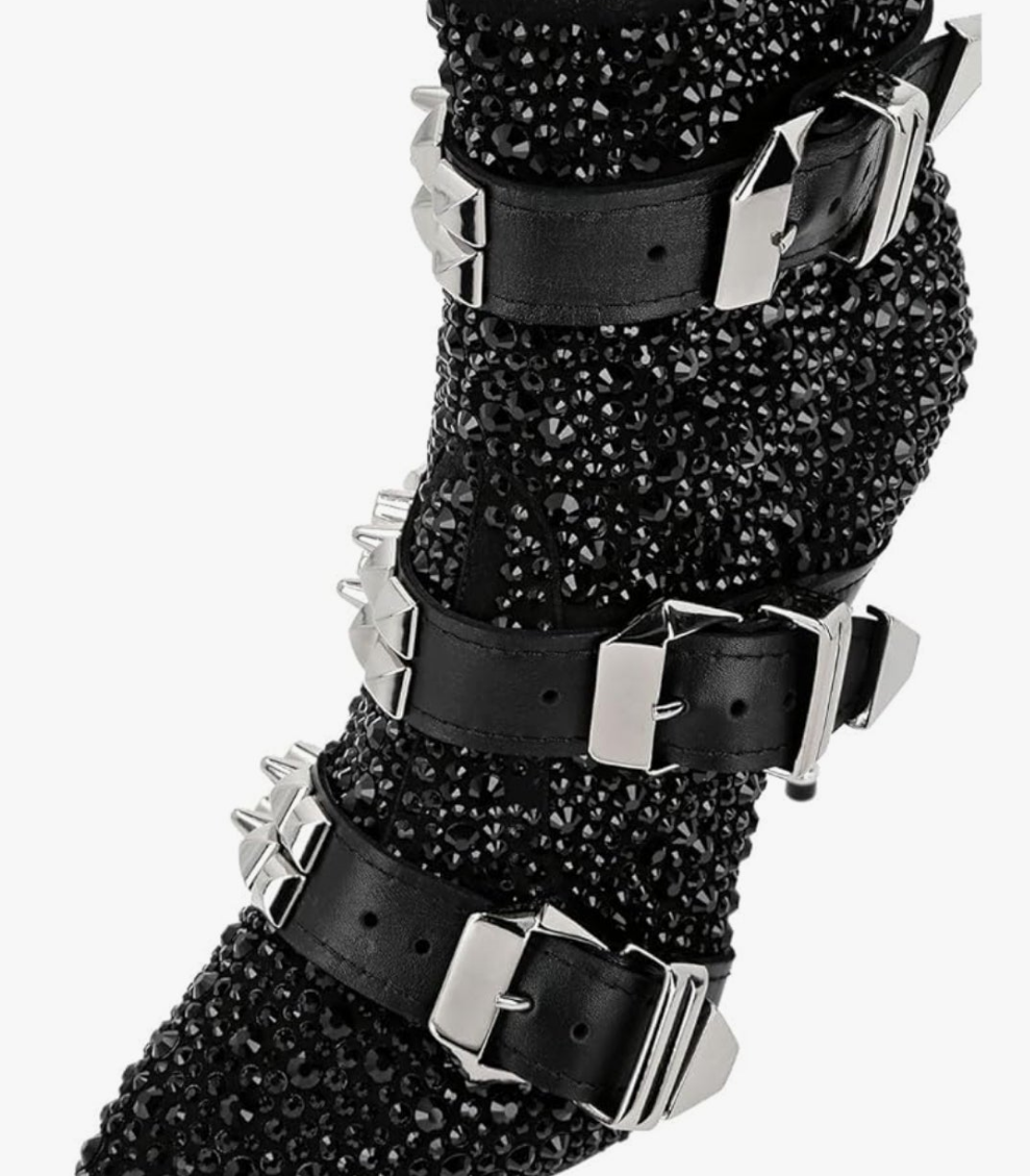 Pointed Toe Crystal Chunky Block High Heel Ankle Boots Glossy Side Zipper