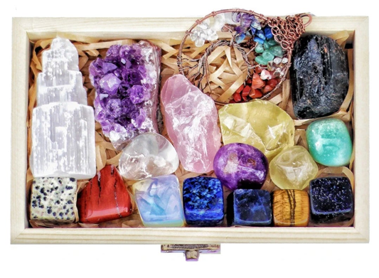 16 LARGE Natural Healing Crystals Set in Wooden Box - Tumbled, Rough & Raw Crystals, Including Selenite Tower, Black Tourmaline, Amethyst, Rose Quartz, Lapiz Lazuli, Citrine & Tiger's Eye