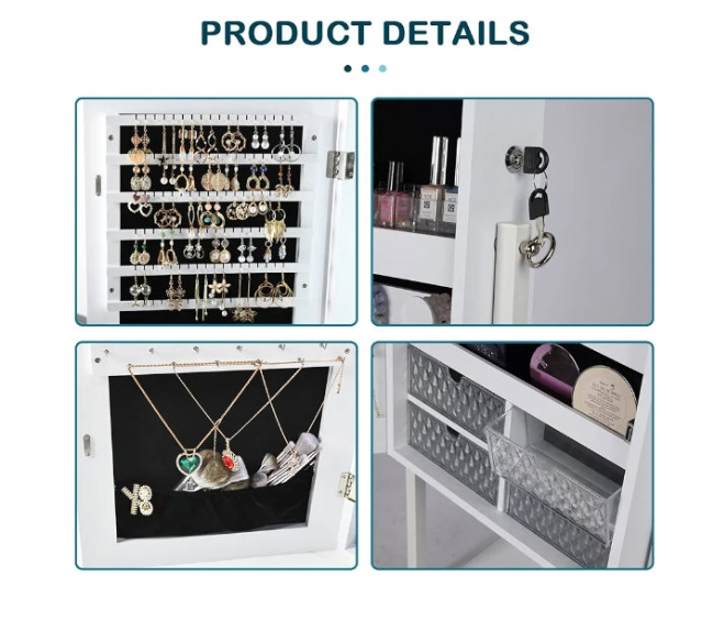 LED Mirror Jewelry Cabinet Standing, Lockable Jewelry Armoire Organizer Full Length Mirror with Storage, Adjustable Lights Jewelry