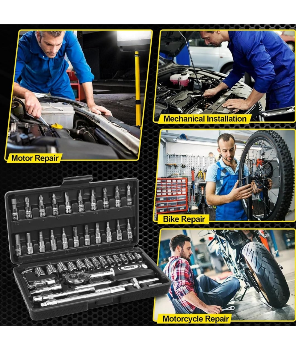 Socket Set, 46PCS 1/4 Inch Wrench Set, Ratchet Wrenches Set with CR-V Sockets Metric & Extension Bar for Automotive Repair & Home Use, Ratchet Set with Hard Storage Case