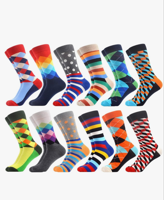 Men's Dress Colorful Combed Cotton Crew Socks 12 Pack - Size 9-11/10-13/12-16