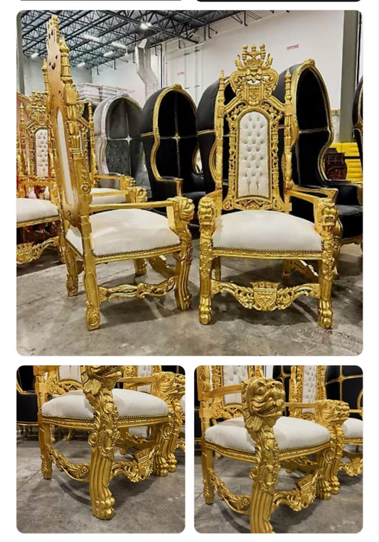 French Medieval Style King Throne Chair with Leather and Gold Leaf Details on the Gold chair Silver Leaf on the Silver chair and Black Lacquer on the Black chair