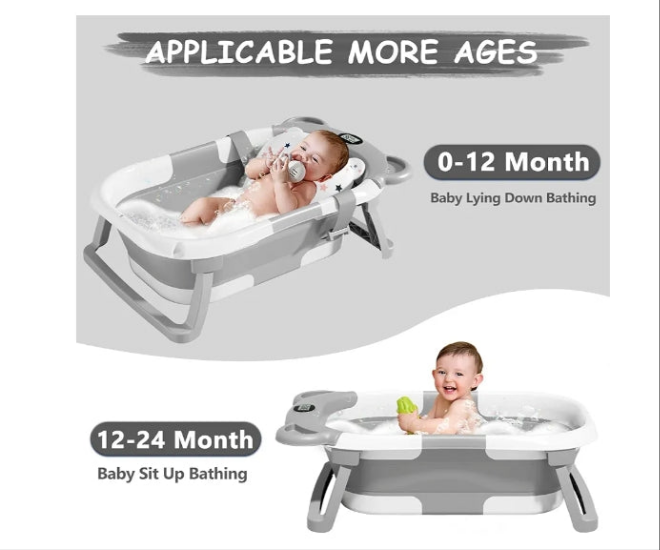 Collapsible Baby Bathtub for Newborn with Thermometer & 1 Hooded Towel & 1 Soft Floating Cushion,Portable Travel Bathtub with Drain Hole, Durable Foldable Baby Tubs for Infants to Toddler