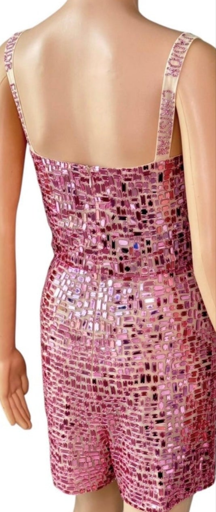 Christian Dior S/S 2018 Runway Embellished Mirror Logo Pink Jumpsuit Romper