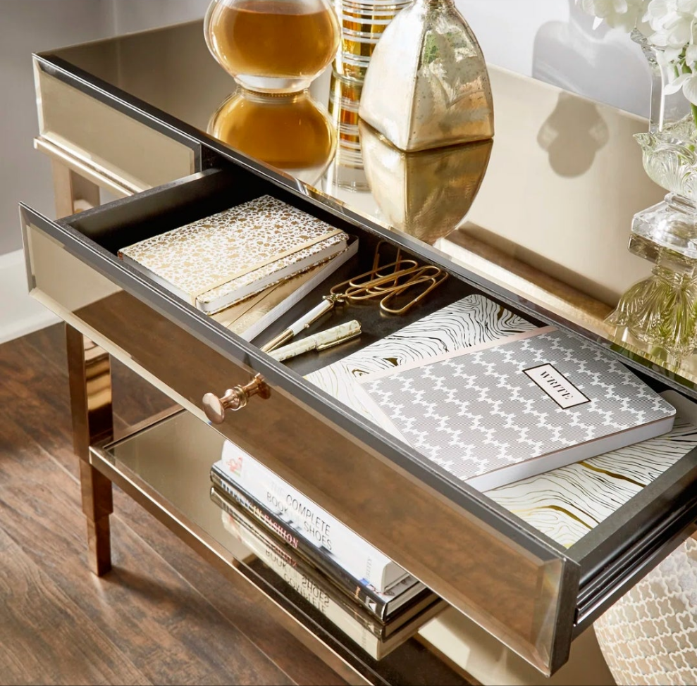 Glass Mirrored Top Console Table in Gold or Silver Tone