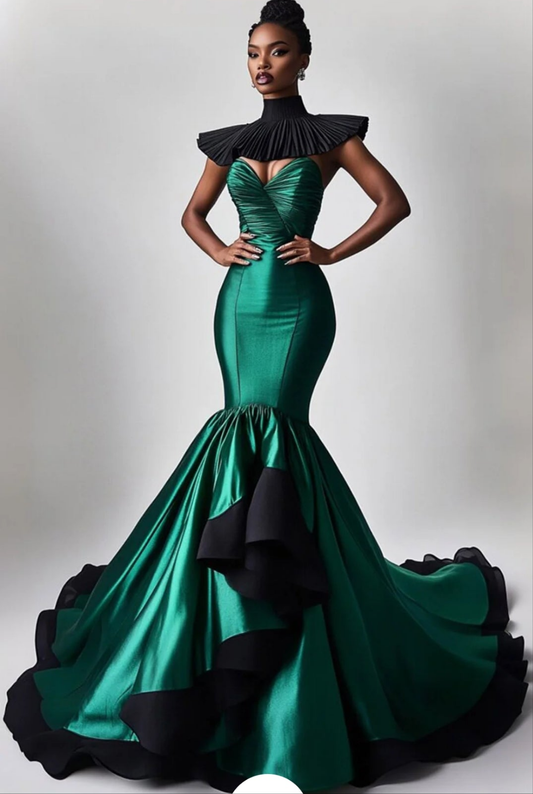 High Neck Asymmetrical Hem Fishtail Satin Maxi Dress-Dark Green [Custom-Made]COCOMONEY