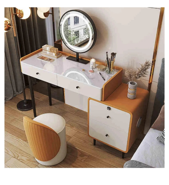 Modern Vanity Table with Smart LED Mirror Spacious Storage Soft Makeup Stool Large Drawers All Wood Frame Dressing Table for Bedroom and Small Spaces (Gray 31.5IN) ( D_47.2IN)