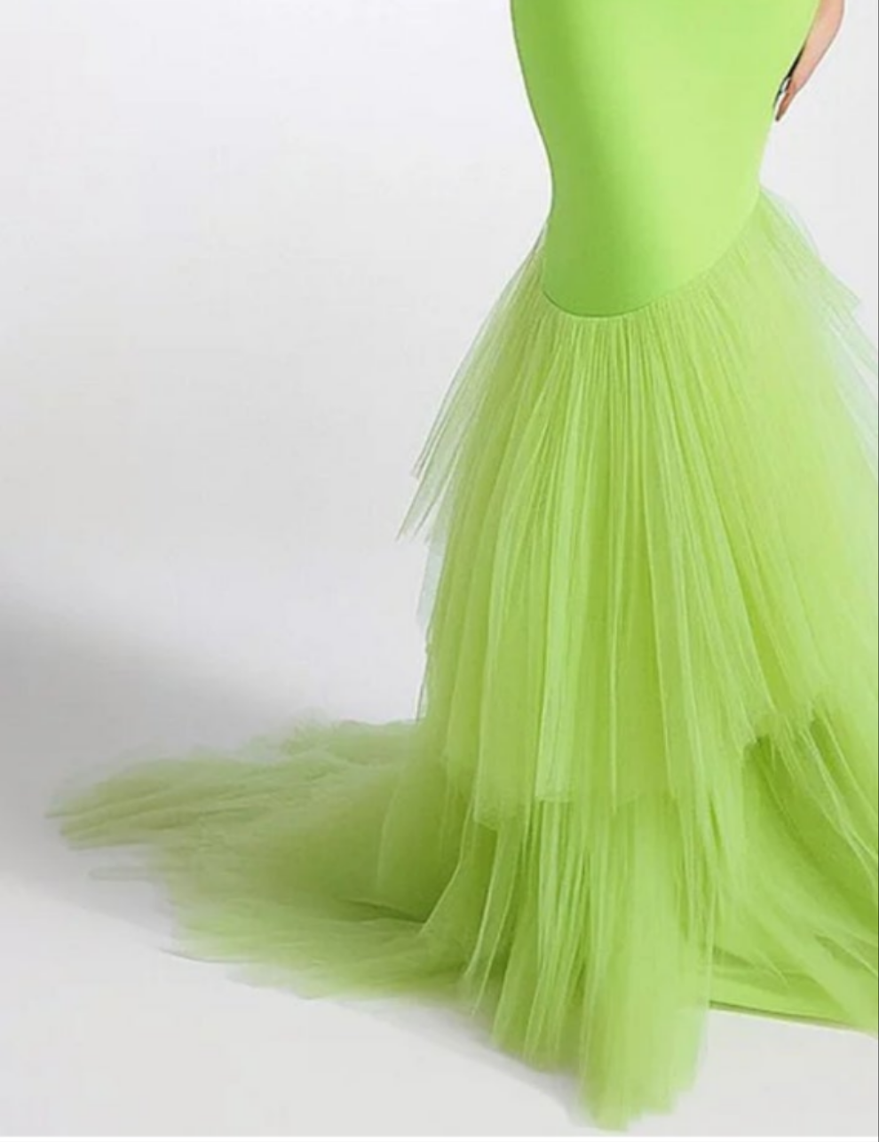 Off Shoulder Mesh Ruffle Sleeve Tiered Maxi Dress-Green [Custom-Made] COCOMONEY