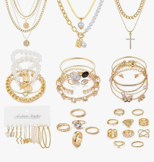Gold Jewelry Sets for Women, Necklaces Bracelets Hoop Earrings Stackable Rings Jewelry Set，Fashion Outfit Accessories Costume Jewelry MultiPack Birthday Christmas Gifts for Women