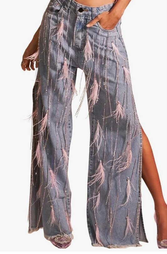 Women's Rhinestone Tassels Jeans High Waist Sright Leg Baggy Sparkly Side Slit Fringe Feather Denim Pants