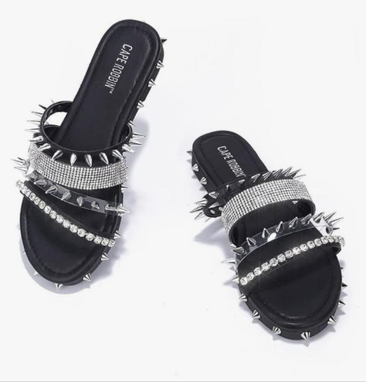 Studded Womens Sandals - Fashion Slides for Women with Spikes - Comfortable Slip-On Flat Sandals for Women -