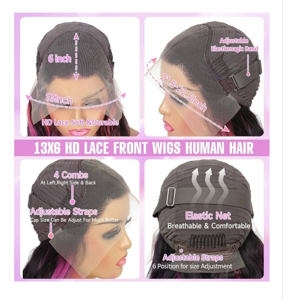 30 Inch Ombre Lace Front Wig Human Hair 13x6 1B/Pink 210% Density Highlight Wig Human Hair HD Body Wave Lace Frontal Pink And Black Colored Glueless Wigs Human Hair