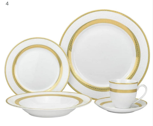 Royalty Porcelain "Queen" 20-Piece White & 24K Gold Dinnerware Set, 24K Gold-Plated Fine Porcelain, Service for 4
